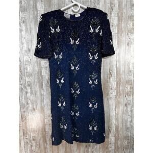 Vintage 80s Stenay Sheath Dress‎ Womens 14 Navy Blue Silk Sequin Beaded Cocktail